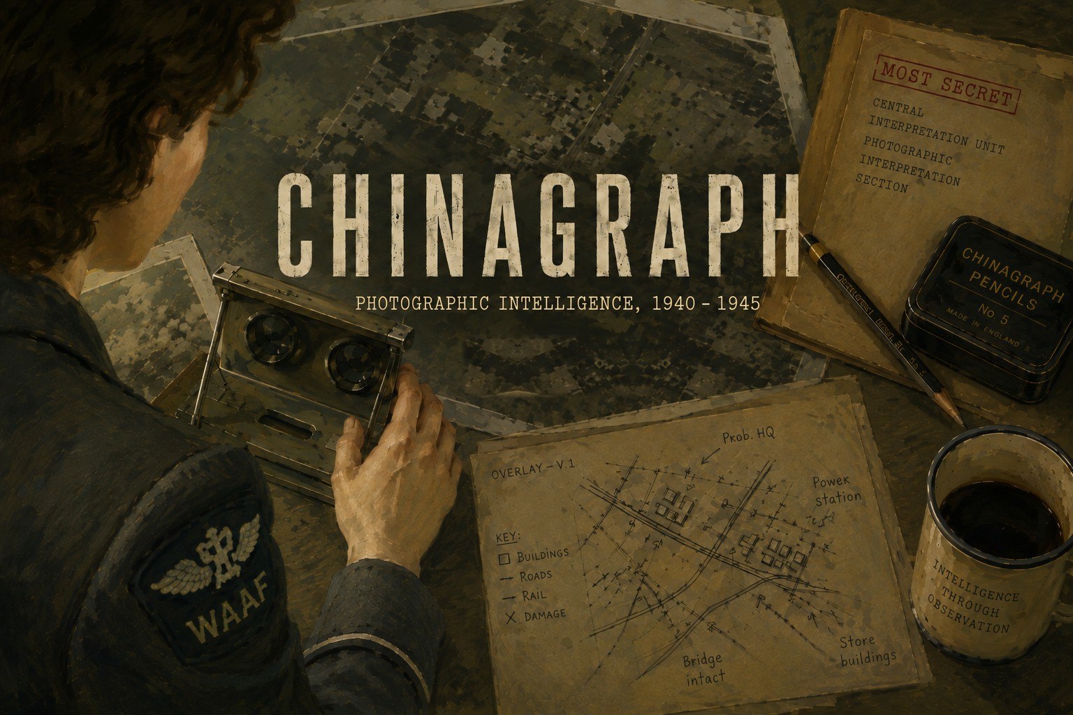 Chinagraph: Photographic Intelligence, 1940-1945. A WAAF photographic interpreter studies aerial reconnaissance prints through a stereoscope, with an overlay sketch, a tin of chinagraph pencils and a mug on the desk.